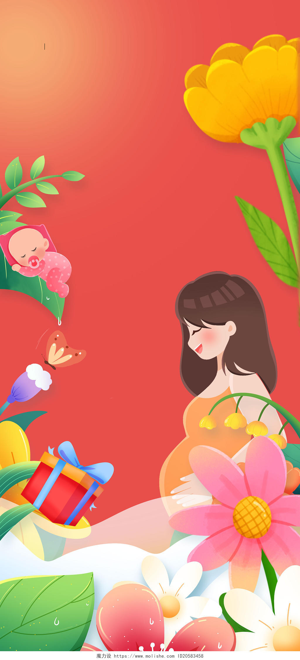 红色母亲节快乐卡通妈妈植物花朵婴儿温馨简约感恩母亲节海报背景